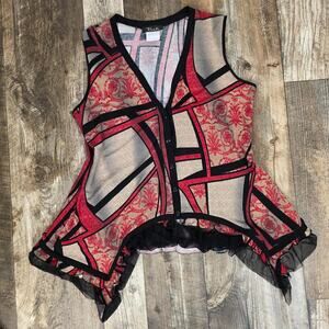 Vintage Handkerchief Hem Tunic Top Red Black Ruffle Boho Size XL Festival Fairy